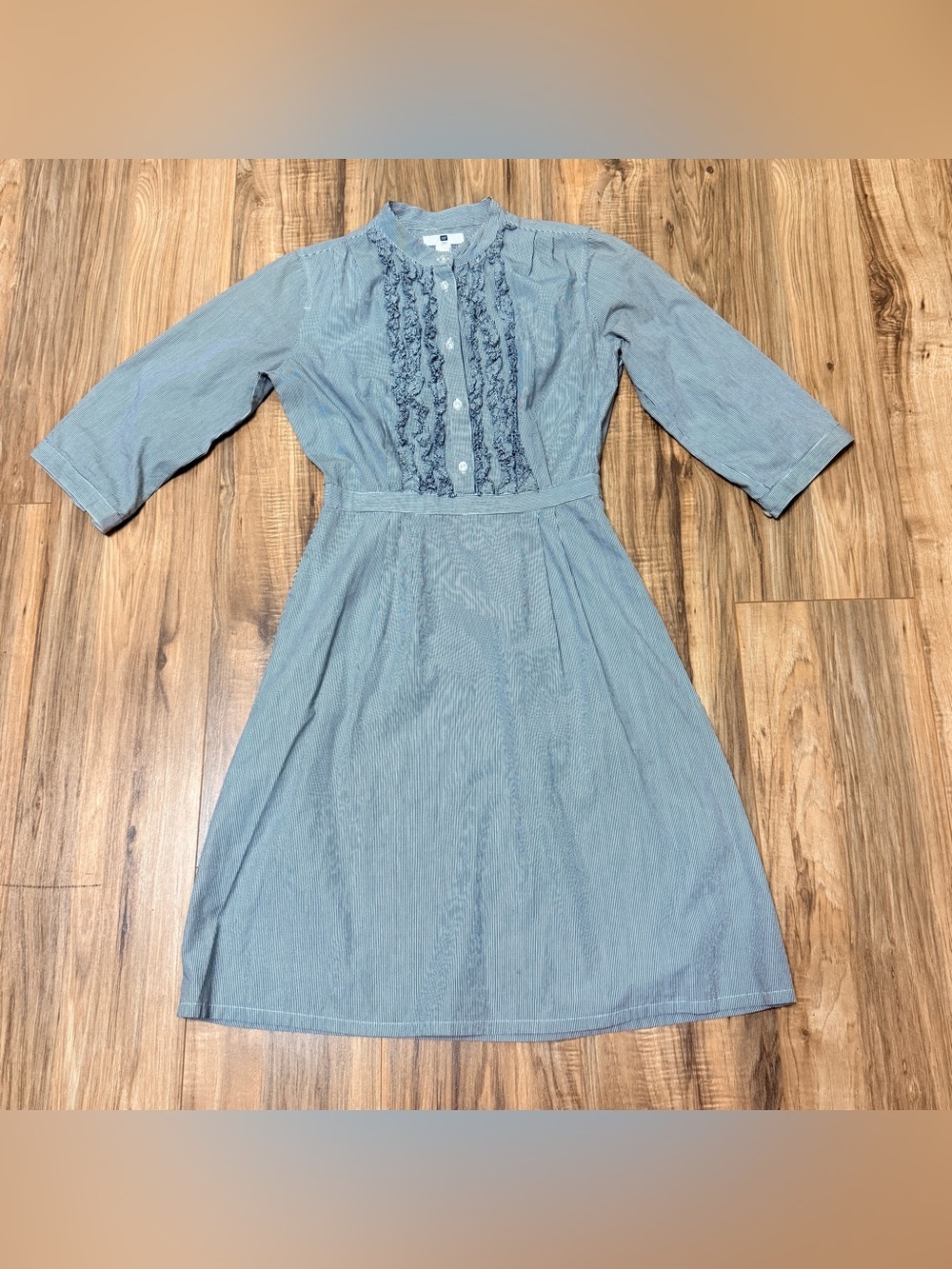 GAP Ruffled Cotton Chambray Button Down Striped Midi Dress 2